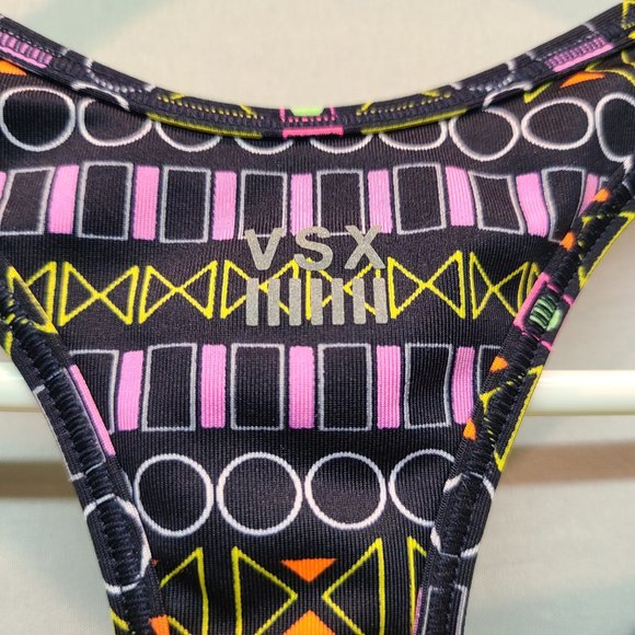 Victorias Secret Sports Bra Medium VSX Black Neon Yellow Racerback - Picture 4 of 8